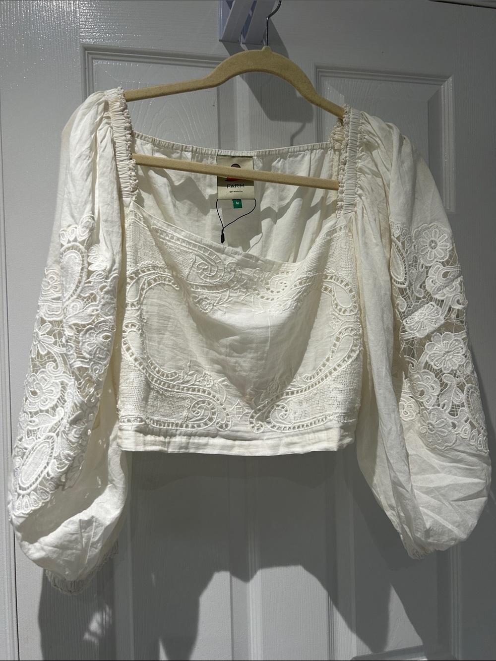 FARM Rio White Embroidered Peasant Crop Top